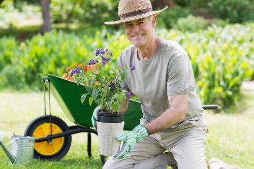 Close-up of regular mowing for lawn care in Barbican